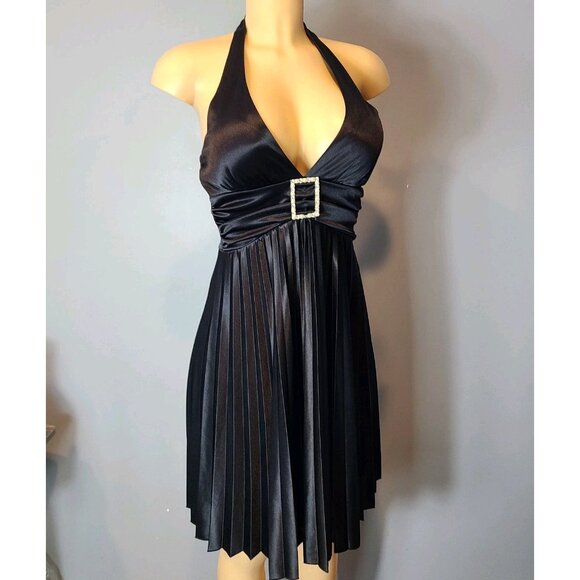 Vtg Y2K Speechless Halter Pleated Dress Size Small Black Babydoll Satin Gatsby - Picture 3 of 12